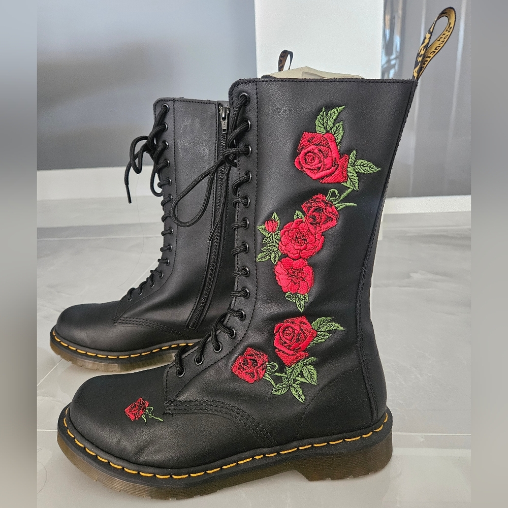 Dr. Martens Black and Red Combat Boots with Floral Embroidery - Picture 2 of 8